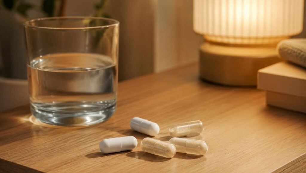 Several different magnesium supplement capsules and a small glass of water on a wooden surface beside a dim lamp, representing the choice between different forms of magnesium for sleep