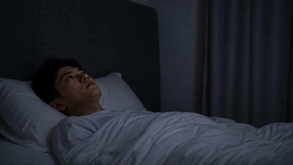 A person lying awake in bed in a dark bedroom with a tense expression, staring at the ceiling after failing to fall asleep for more than 30 minutes, representing sleep onset insomnia