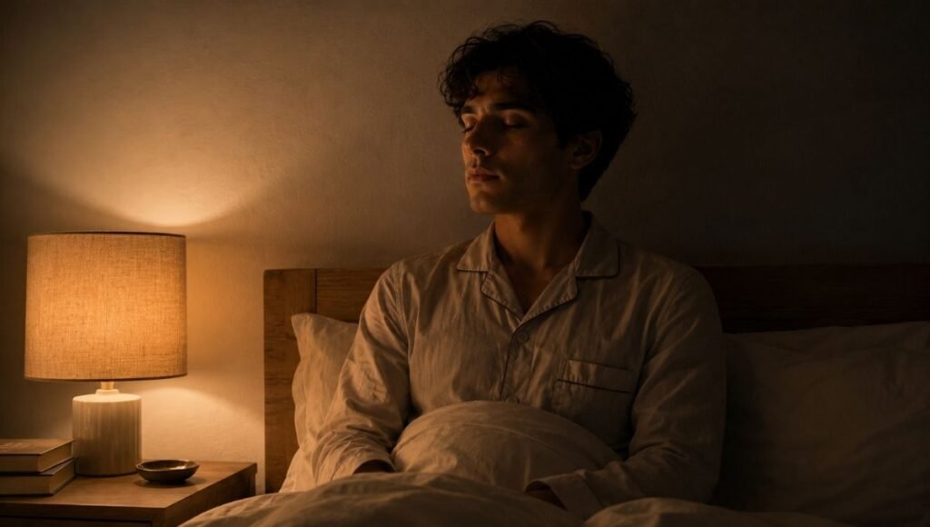 A person sitting calmly in bed with eyes closed and a peaceful expression, practicing cognitive defusion by observing thoughts without engaging them to stop nighttime overthinking
