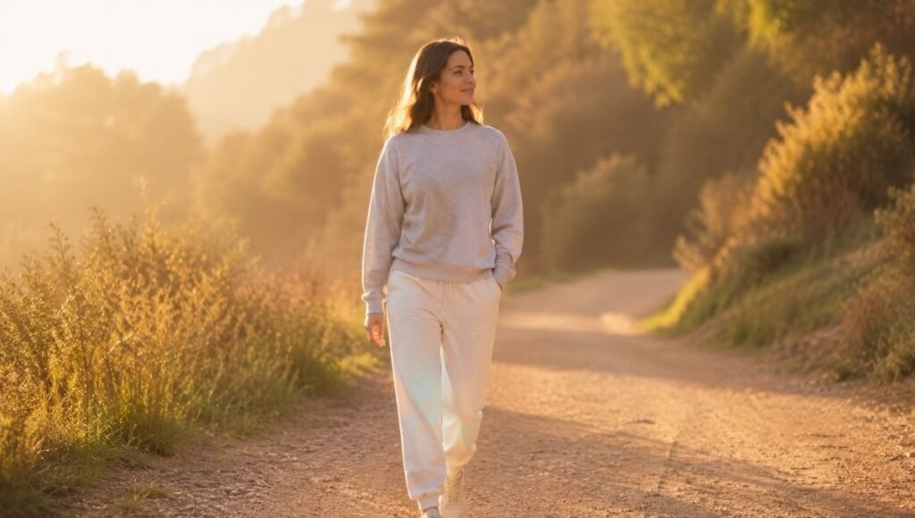 A person walking calmly outdoors in soft morning light with a relaxed expression, representing daytime physical movement as the most effective intervention for reducing anxiety at night