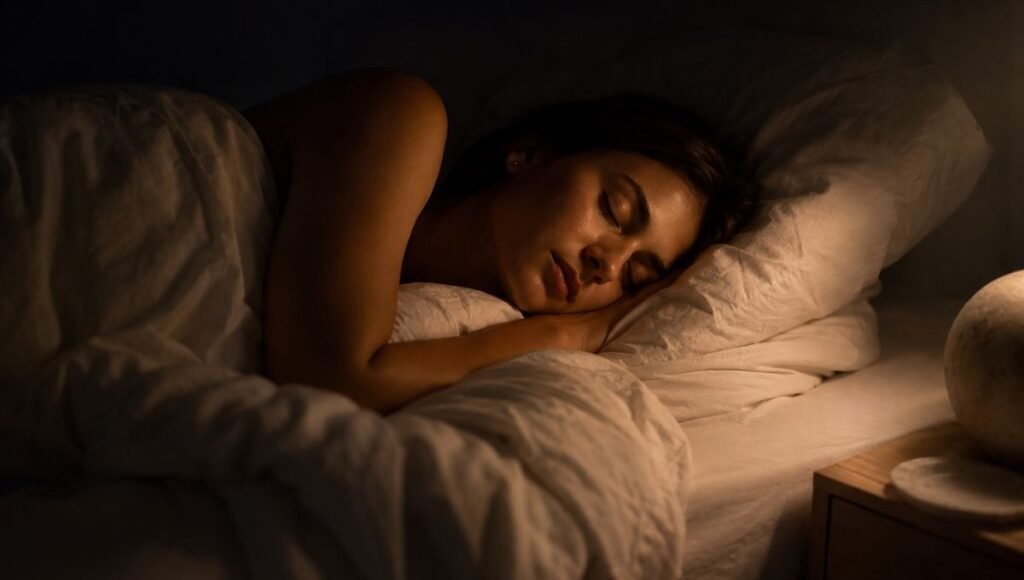 A person sleeping deeply in a dark bedroom, representing the brain's glymphatic waste clearance system that is most active during deep slow-wave sleep