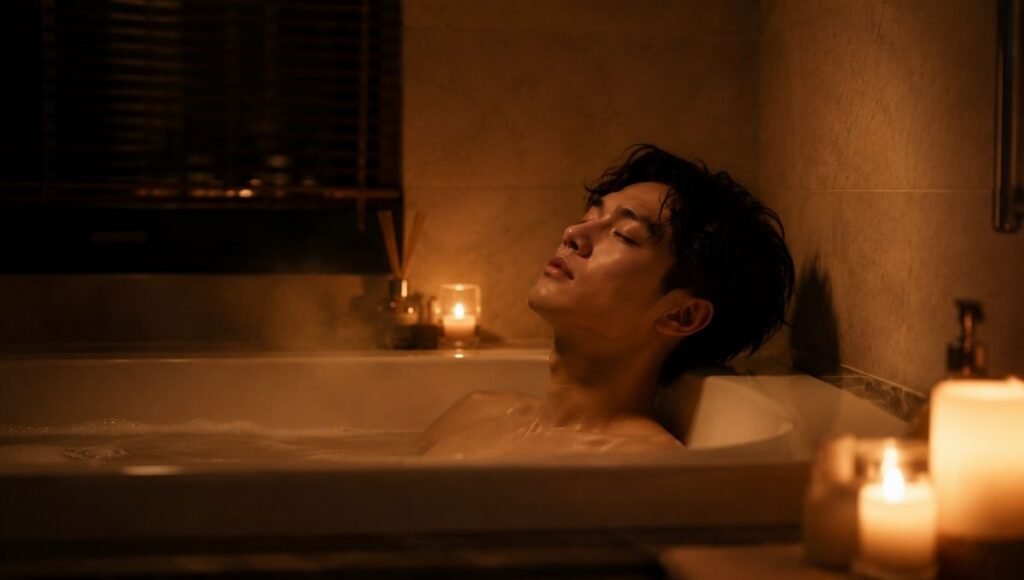 A person taking a warm bath by candlelight in the early evening, representing a genuine decompression ritual that helps reduce anxiety before bed