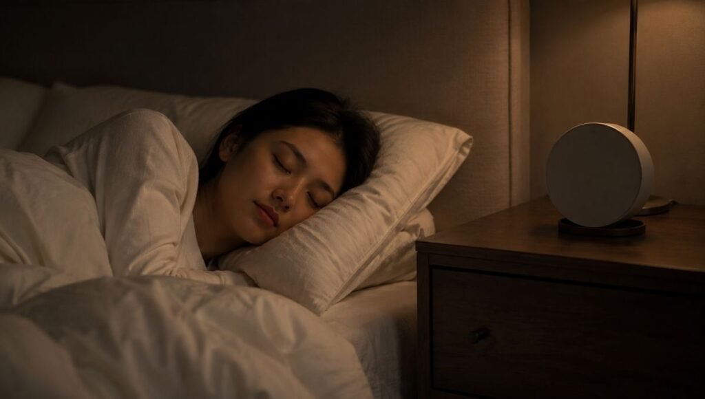 A person sleeping peacefully on their side in a dark bedroom with the clock turned away from the bed, representing falling asleep naturally without clock-watching