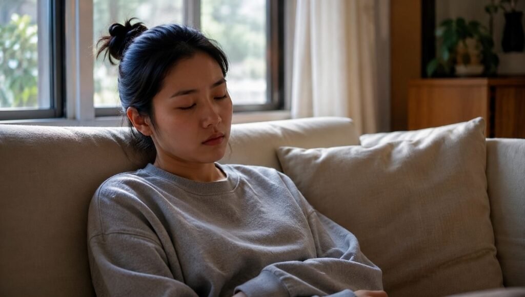 A person nodding off on a couch during the day, representing the signs of sleep deprivation when someone falls asleep too quickly anywhere and at any time