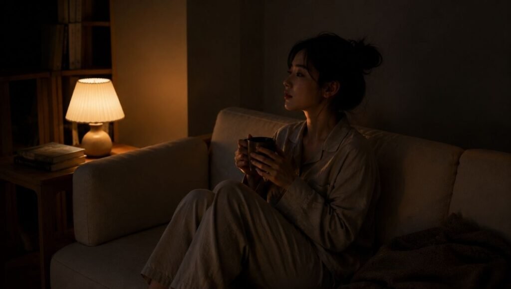 A person sitting quietly in a dim room late at night with a warm drink, having chosen to get out of bed after lying awake with pre-sleep anxiety, representing the stimulus control technique