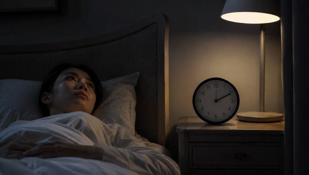 A person lying in bed in the dark with eyes open, a clock visible on the nightstand, representing the experience of waiting to fall asleep and wondering how long it should take