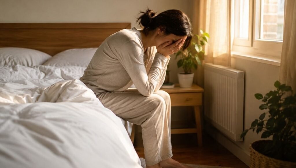 A person waking up in the morning looking tired and unrested despite having slept a full night, representing the experience of insufficient deep sleep even with adequate total sleep hours