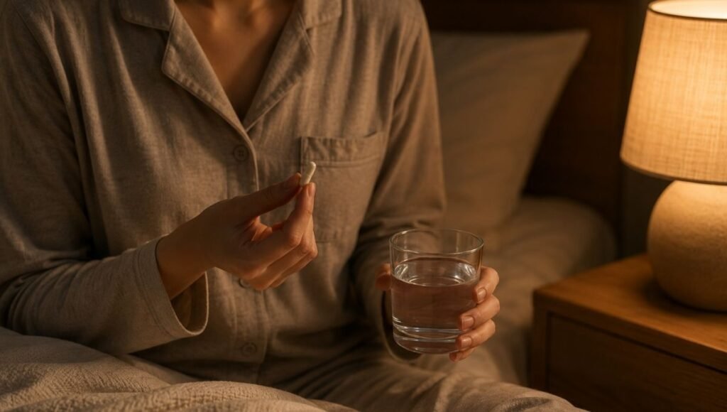 A person taking a magnesium supplement with a small glass of water in a dim bedroom before sleep, representing the recommended timing of magnesium for sleep 45 to 60 minutes before bed
