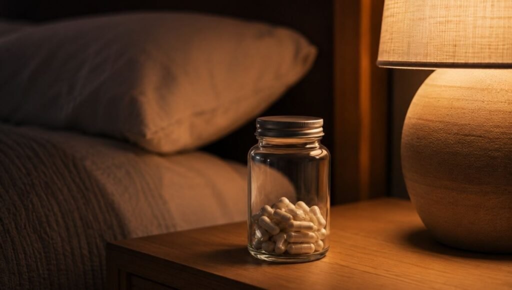 A small glass bottle of magnesium glycinate capsules on a wooden nightstand beside a warm lamp before bed, representing the best magnesium form for sleep onset and anxiety-driven insomnia