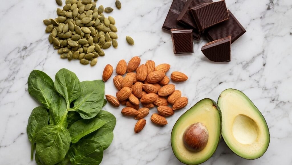 A flat lay of magnesium-rich foods including pumpkin seeds, dark chocolate, almonds, spinach, and avocado on a white surface, representing natural dietary sources of magnesium that support sleep