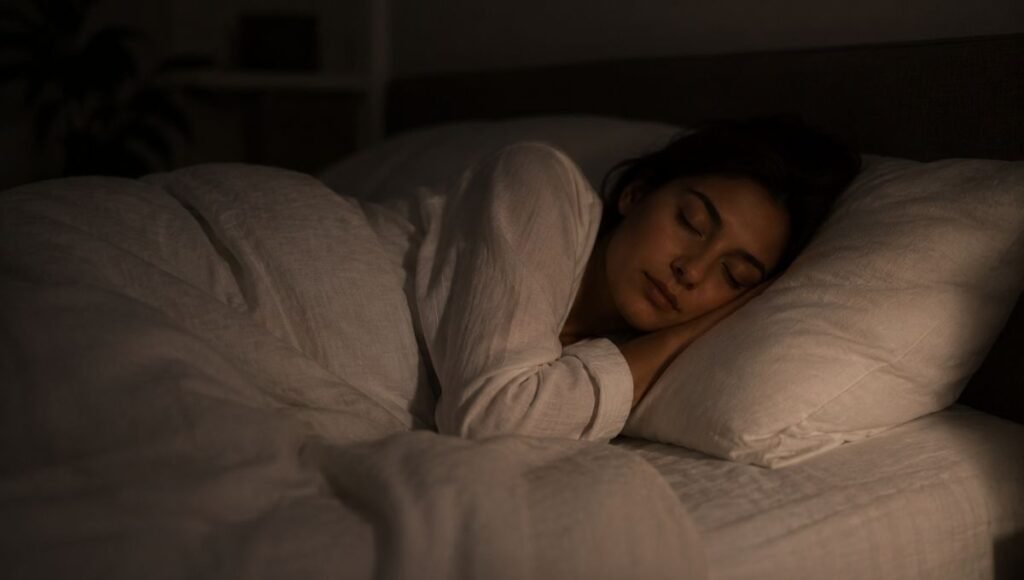 A person sleeping deeply and peacefully on their side in a dark calm bedroom, representing the restful restorative sleep supported by consistent magnesium glycinate supplementation