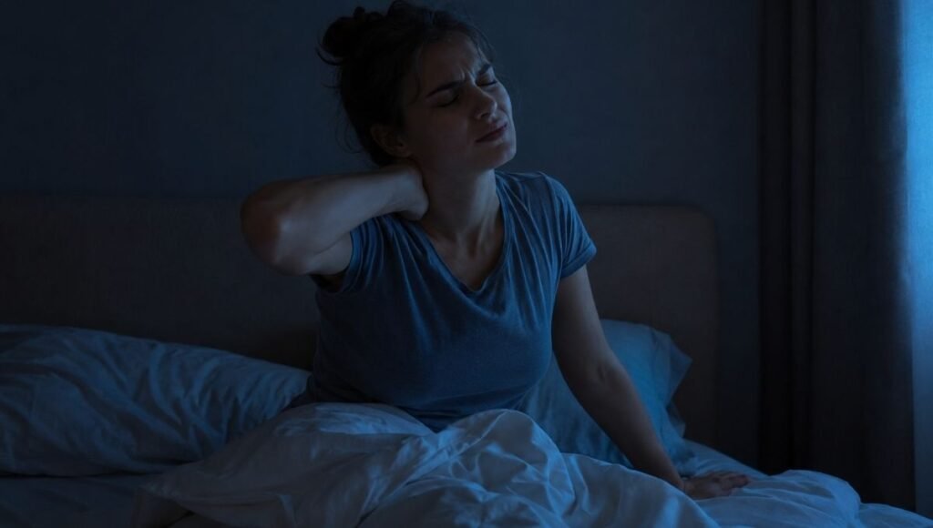 A woman waking up at night in a dark bedroom, looking warm and uncomfortable with the bedding pushed aside, representing the experience of night sweats in women