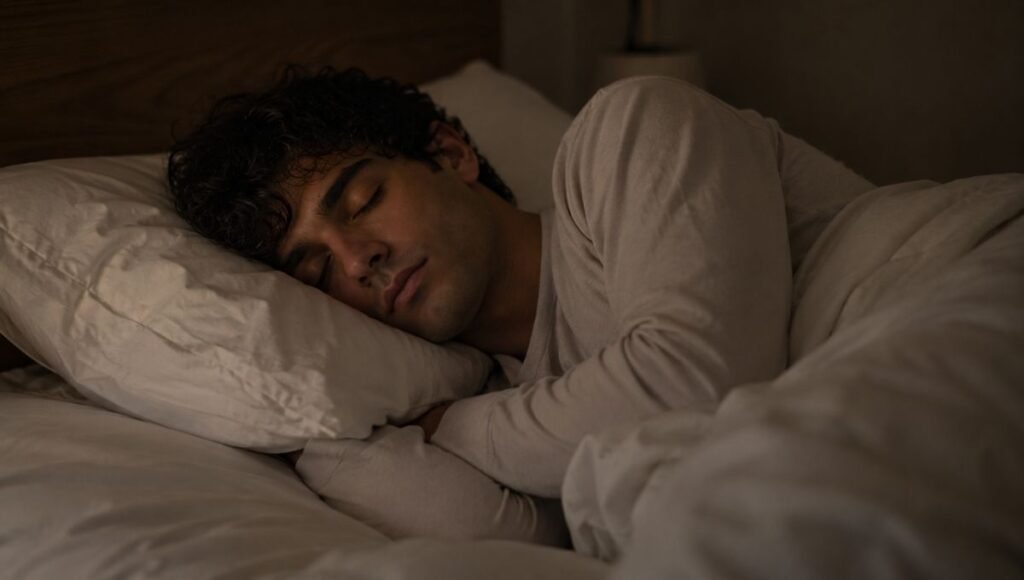 A person sleeping deeply and peacefully on their side in a dark calm bedroom, representing the quiet rest that follows when nighttime overthinking has been addressed and the brain finally lets go