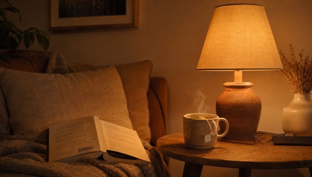 A dimly lit living room in the evening with a warm lamp, a cup of herbal tea, and an open book on a side table, representing a calming pre-sleep transition routine for reducing nighttime anxiety