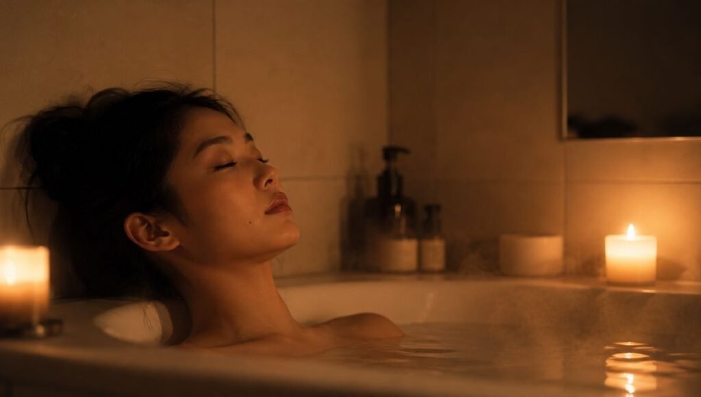 A person relaxing in a warm bath in a softly lit bathroom before bed, representing the pre-sleep warm bath protocol that reduces sleep onset time by accelerating core temperature drop