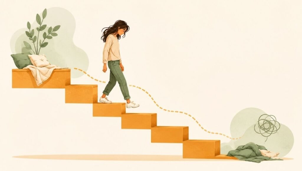 A minimal abstract illustration of a growing deficit represented as a simple downward staircase pattern, representing the accumulation of sleep debt over a week of insufficient sleep