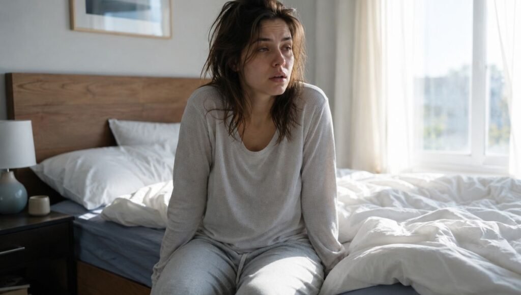 A person sitting up in bed on a Monday morning looking groggy and disoriented, representing the social jet lag effect of sleeping in on weekends and its impact on the following week