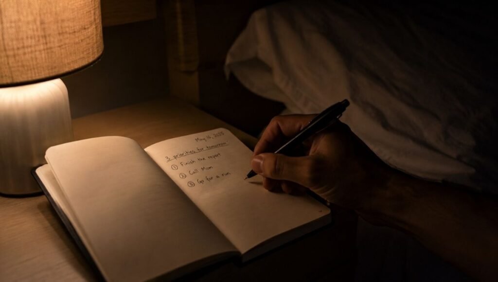 A hand writing a specific to-do list in a small notebook by warm bedside lamp light before sleep, representing the research-backed technique of writing tomorrow's tasks to stop nighttime overthinking