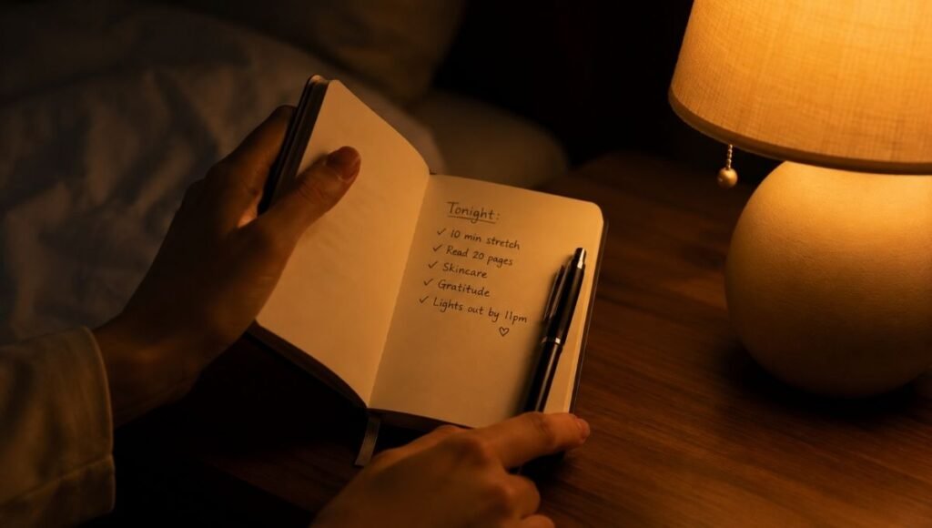 A hand writing a specific to-do list in a small notebook by warm lamplight before bed, representing the evidence-backed technique of writing tomorrow's tasks to reduce pre-sleep anxiety