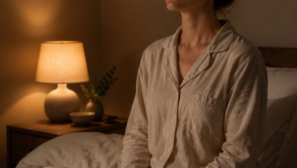 A person sitting upright in bed in a dim bedroom with eyes closed and a calm expression, practicing the 4-7-8 breathing technique for deeper sleep relaxation