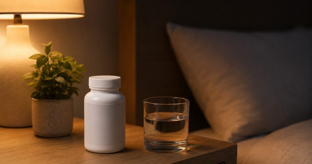 A small low-dose melatonin supplement bottle beside a glass of water on a wooden nightstand in the evening, representing the research-backed approach to choosing the best melatonin for sleep