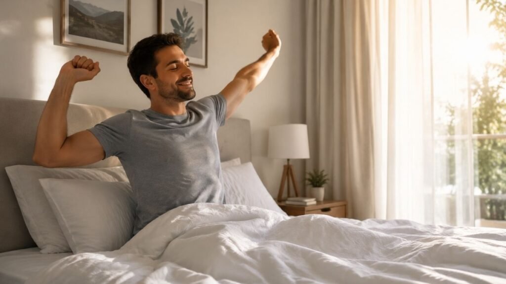 Person waking up refreshed after improving mild sleep apnea and sleep quality