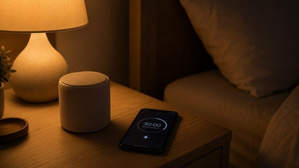 A phone showing a 30-minute sleep timer set beside a small Bluetooth speaker in a dim bedroom, representing the Sleep Bridge method of using a timer to stop rain sounds after falling asleep