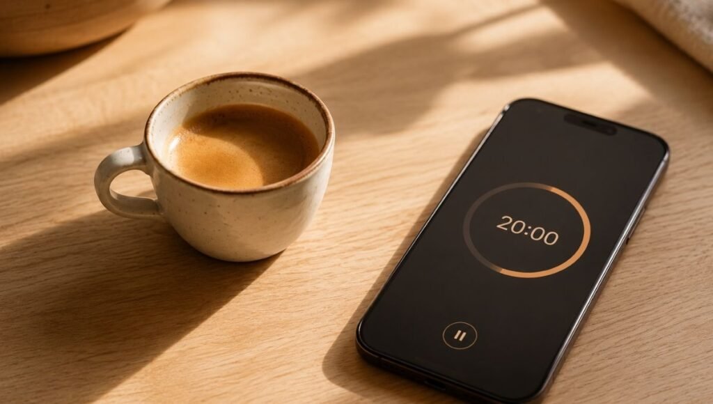 A cup of espresso or coffee on a wooden surface beside a phone showing a 20-minute timer, representing the coffee nap protocol of drinking caffeine immediately before a short nap