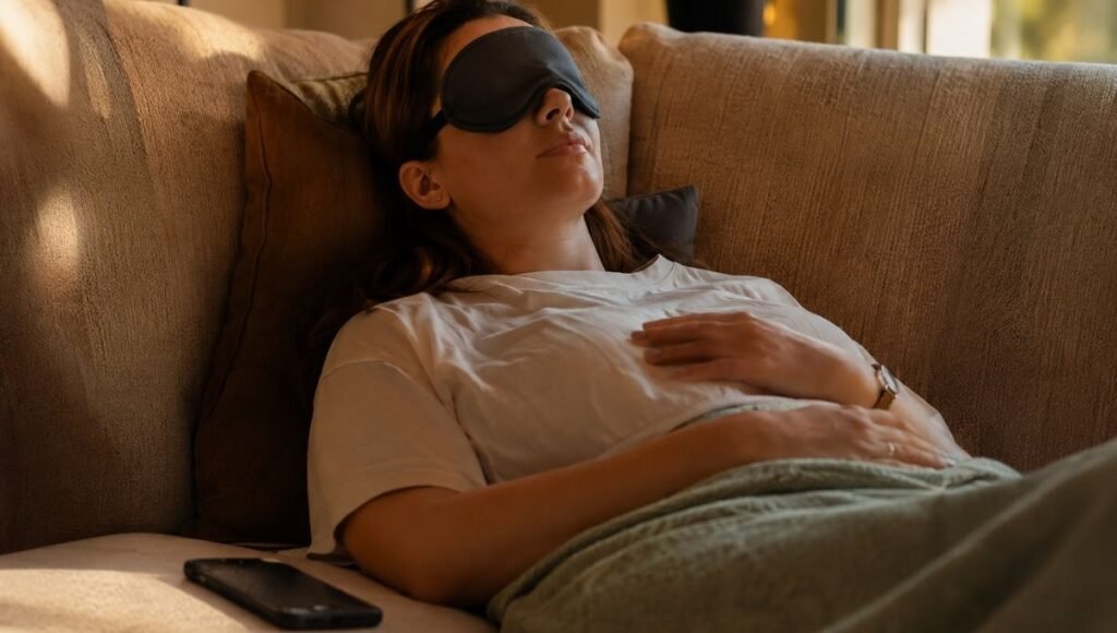 A person napping briefly on a couch in soft afternoon light with an eye mask on and a phone alarm set nearby, representing a well-timed power nap in the early afternoon