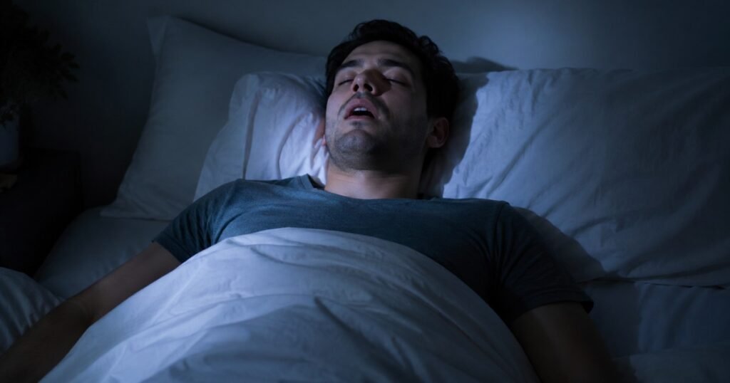 A person sleeping on their back in a dark bedroom with their mouth slightly open, representing the signs and symptoms of sleep apnea including disrupted breathing during sleep