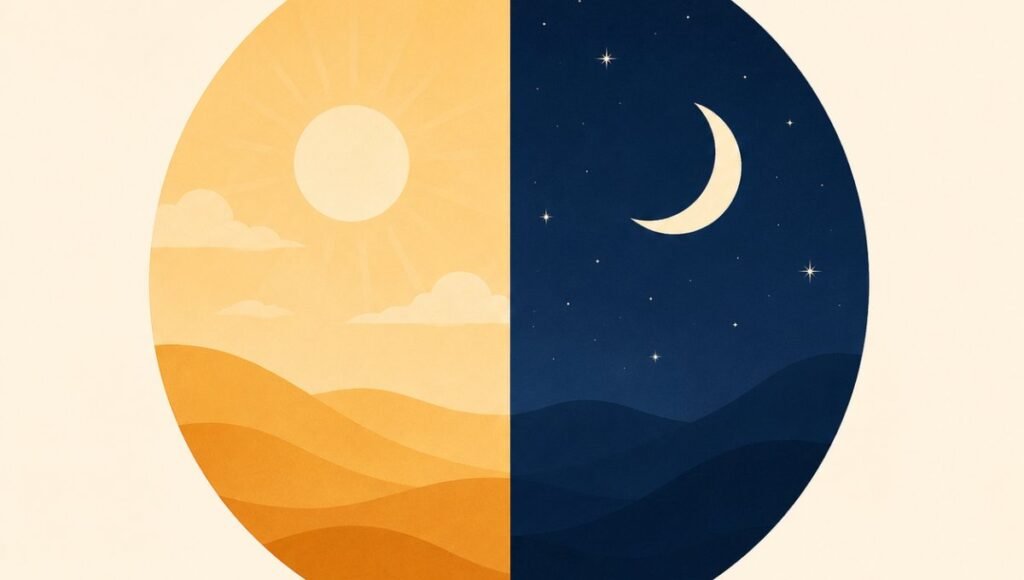 A minimal abstract illustration of a 24-hour circle with a crescent moon on one half and a sun on the other, representing the circadian rhythm and natural melatonin production cycle that sleep supplements aim to support
