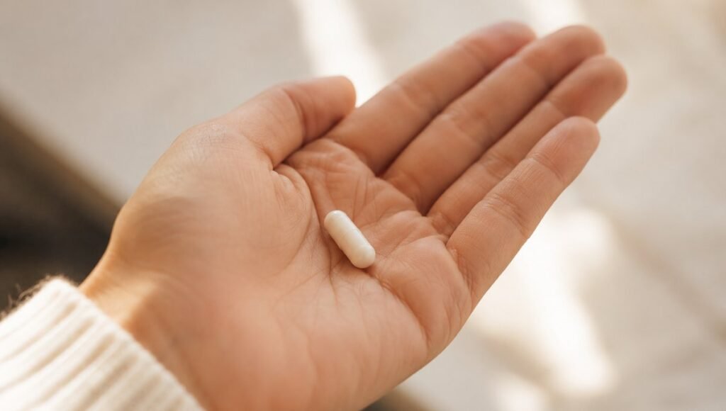 A single small melatonin tablet or capsule in a palm, representing the low-dose 0.5 to 1 milligram approach that research supports as optimal for most adults
