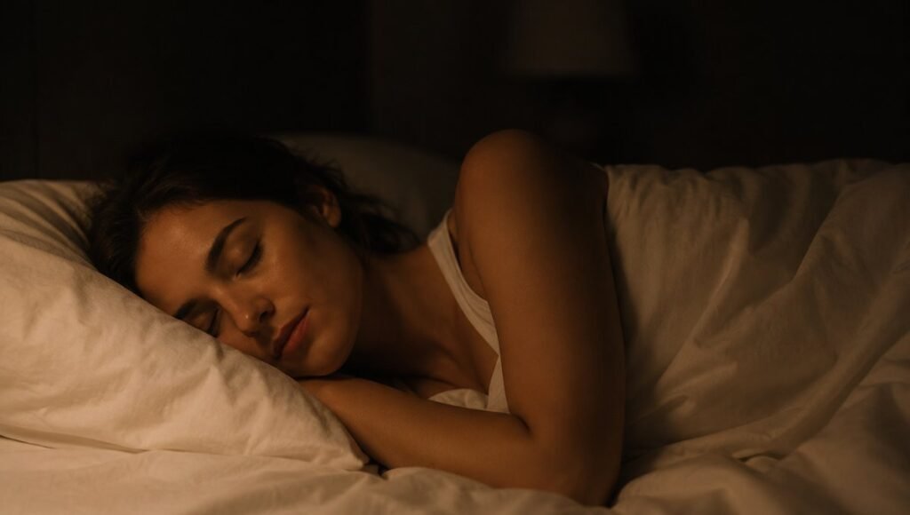 A person sleeping peacefully in a dark calm bedroom, representing the restful sleep outcome when melatonin is used correctly at the right dose and timing