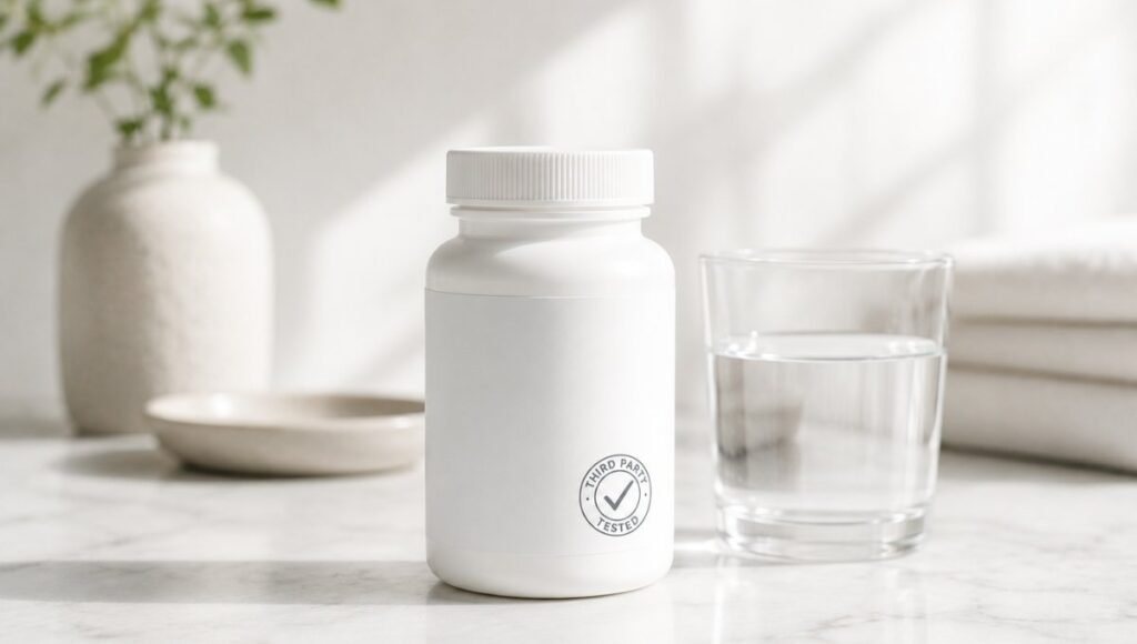 A supplement bottle with a quality certification seal visible on the label, representing the importance of third-party testing when choosing the best melatonin for sleep