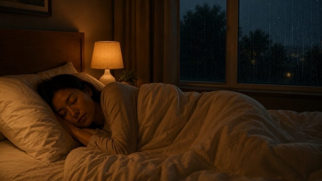 A person sleeping peacefully in a dark bedroom with rain falling softly against the window in the background, representing genuine restful sleep supported by rain sounds as part of a consistent sleep routine
