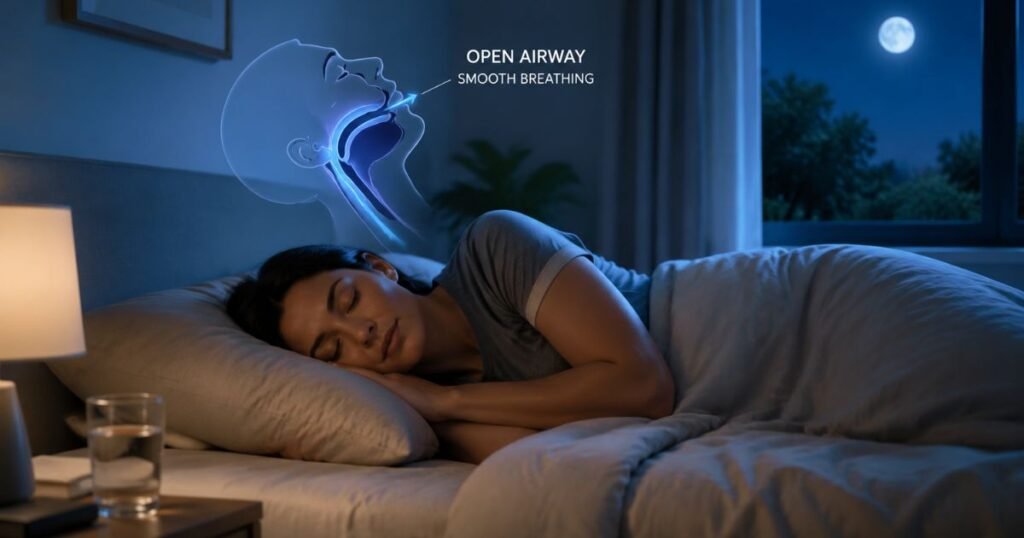 Adult sleeping comfortably with mild sleep apnea illustrated by an open airway
