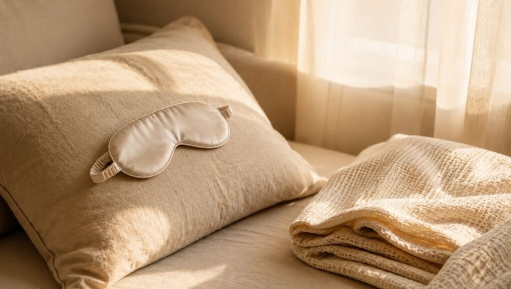 A minimal quiet space prepared for a power nap with a sleep eye mask, a folded blanket, and dim light, representing the ideal environment for a restorative 20-minute nap