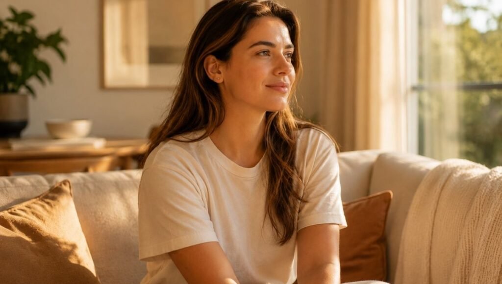 A person sitting up from a nap looking refreshed and alert in soft afternoon light, representing the feeling of genuine restoration after a well-timed 20-minute power nap