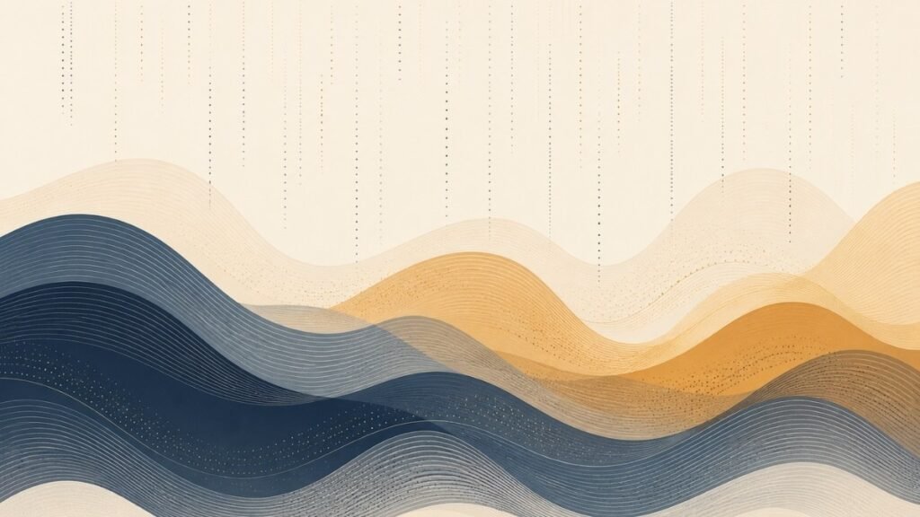 A minimal abstract illustration of gentle rain wave patterns representing the pink noise spectrum of rain sounds and how they create a safety signal for the human brain