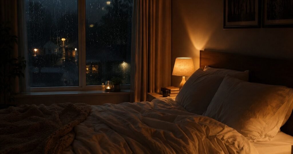 A dark cozy bedroom at night with rain falling against the window, soft lamp light, and white linen bedding, representing the calming environment created by rain sounds for sleep
