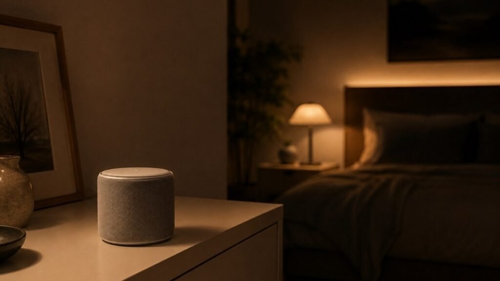 A small quality Bluetooth speaker placed across the bedroom on a dresser, representing the recommended way to play rain sounds for sleep rather than using a phone speaker beside the pillow