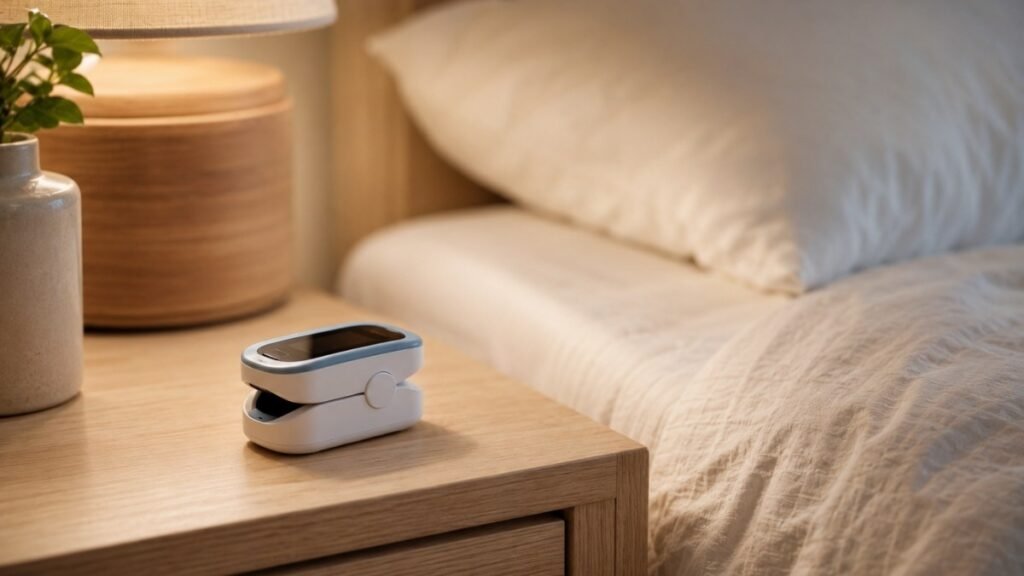 A simple home sleep apnea testing device on a wooden nightstand beside a bed, representing the at-home sleep study option for diagnosing sleep apnea
