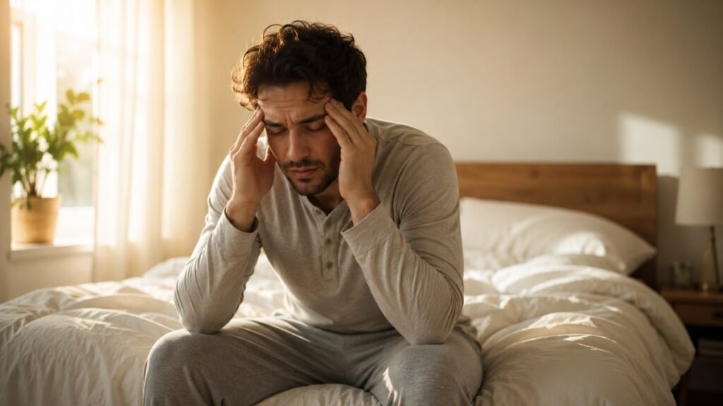 A person sitting on the edge of the bed in the morning holding their head in their hands, looking exhausted despite having slept, representing morning headaches and fatigue as symptoms of sleep apnea