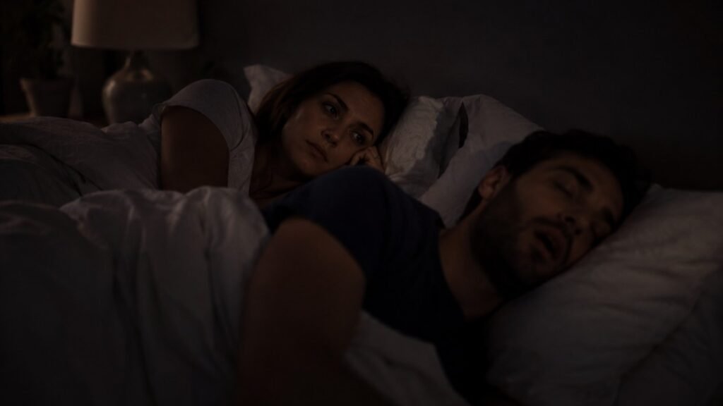 A person lying awake in bed beside a sleeping partner, looking concerned, representing a bed partner noticing the signs of sleep apnea such as snoring or paused breathing