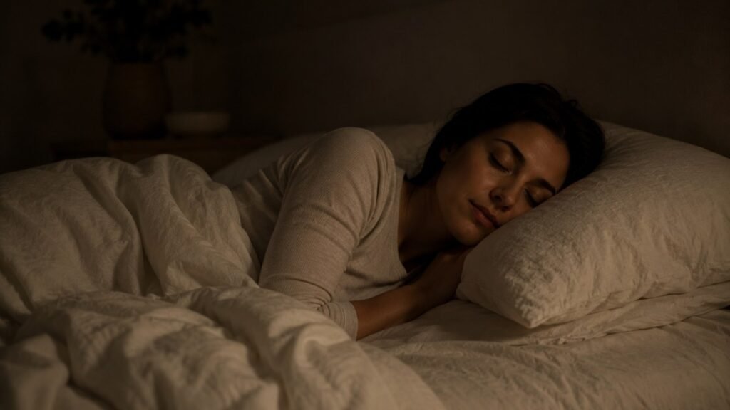 A person sleeping peacefully on their side in a dark calm bedroom, representing the restful restorative sleep that becomes possible after sleep apnea has been identified and treated