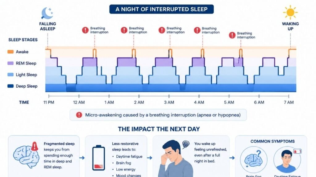 Sleep fragmentation caused by repeated breathing interruptions during mild sleep apnea