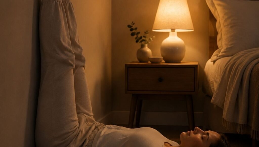 A person lying on their back with legs gently resting up against a wall in a dim room, practicing a restorative yoga pose combined with deep breathing before sleep