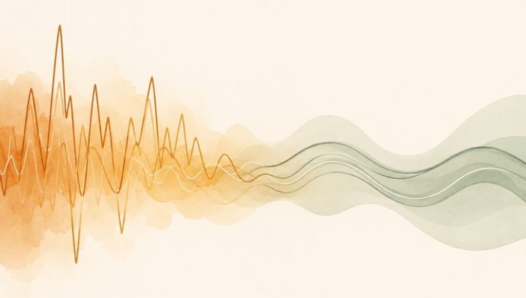 A minimal abstract illustration of two wave patterns representing the shift from sympathetic to parasympathetic nervous system activation through slow deep 